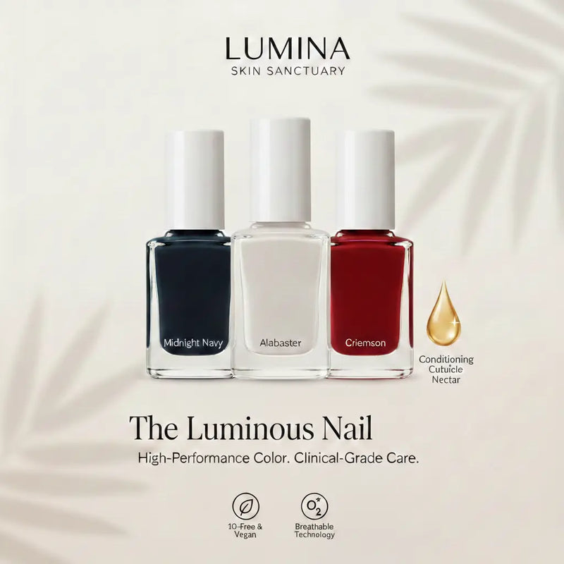 Nail Care collection featuring Midnight Navy, Alabaster, and Crimson polishes with Conditioning Cuticle Nectar.