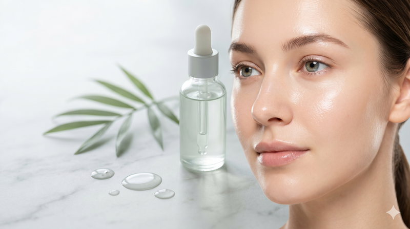 Skincare Services: facial treatment, serums and tools on display, and brow shaping with tweezers.