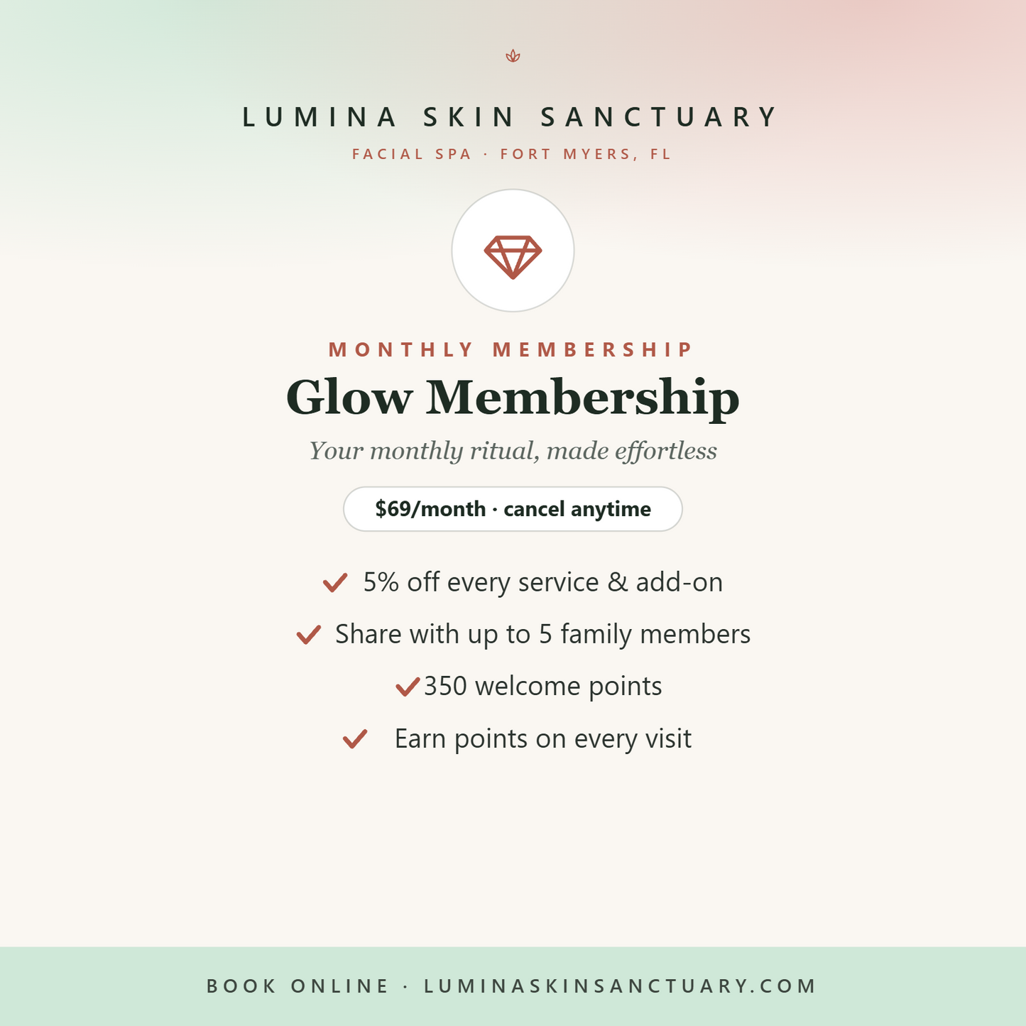 Glow Membership — $69/month facial spa membership, Lumina Skin Sanctuary, Fort Myers FL