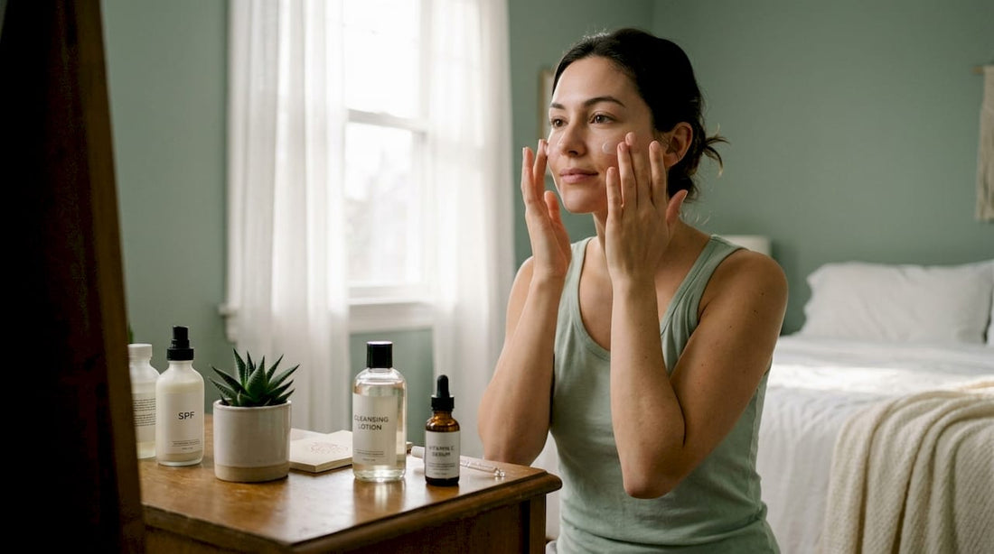 Woman applying moisturizer in bathroom