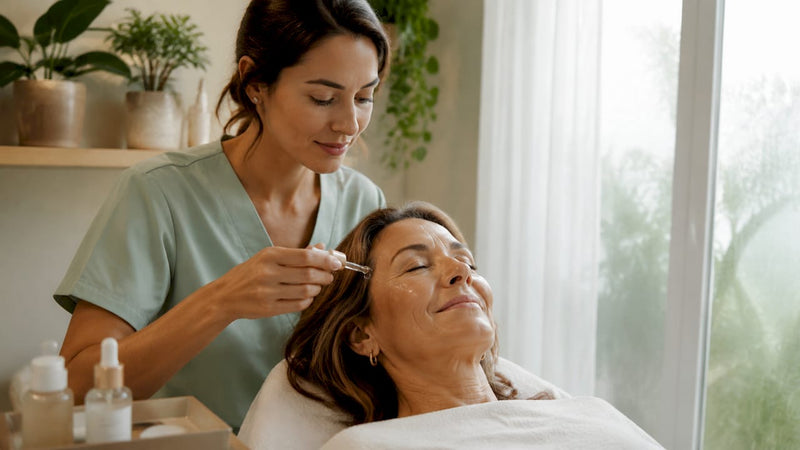 Esthetician applying facial serum in spa treatment room