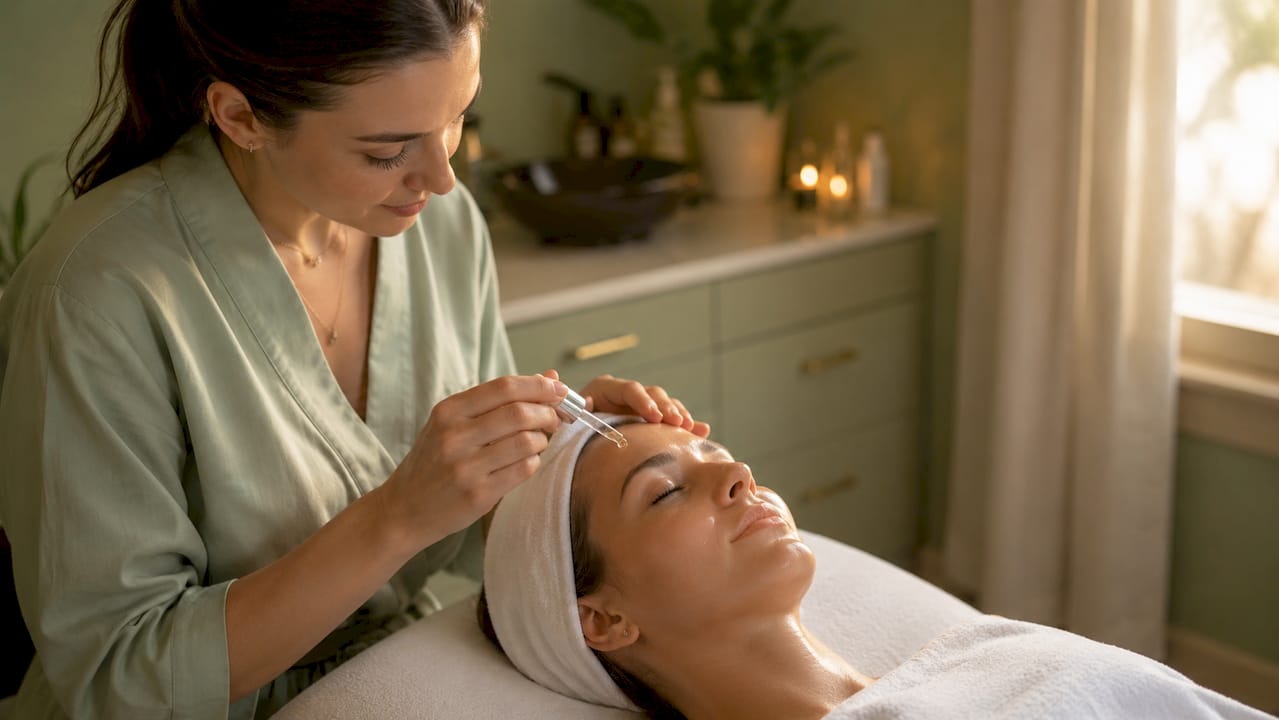 Esthetician giving facial treatment in spa