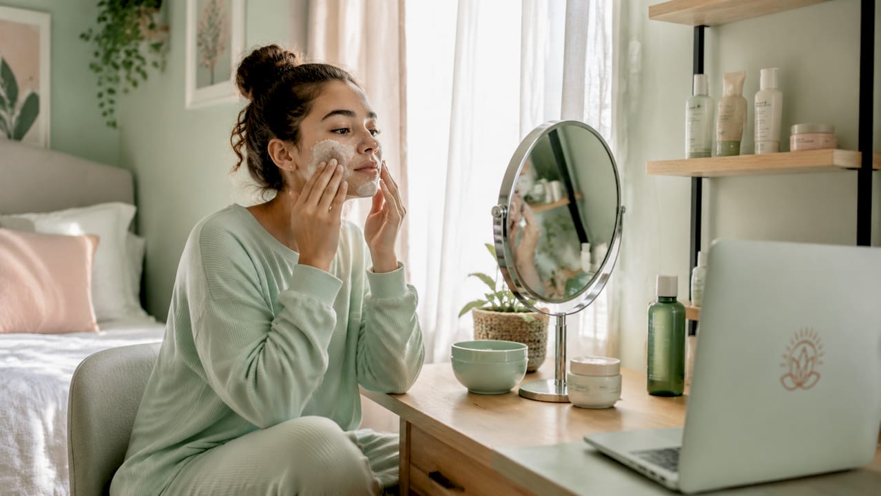 Teen applying moisturizer at bathroom vanity