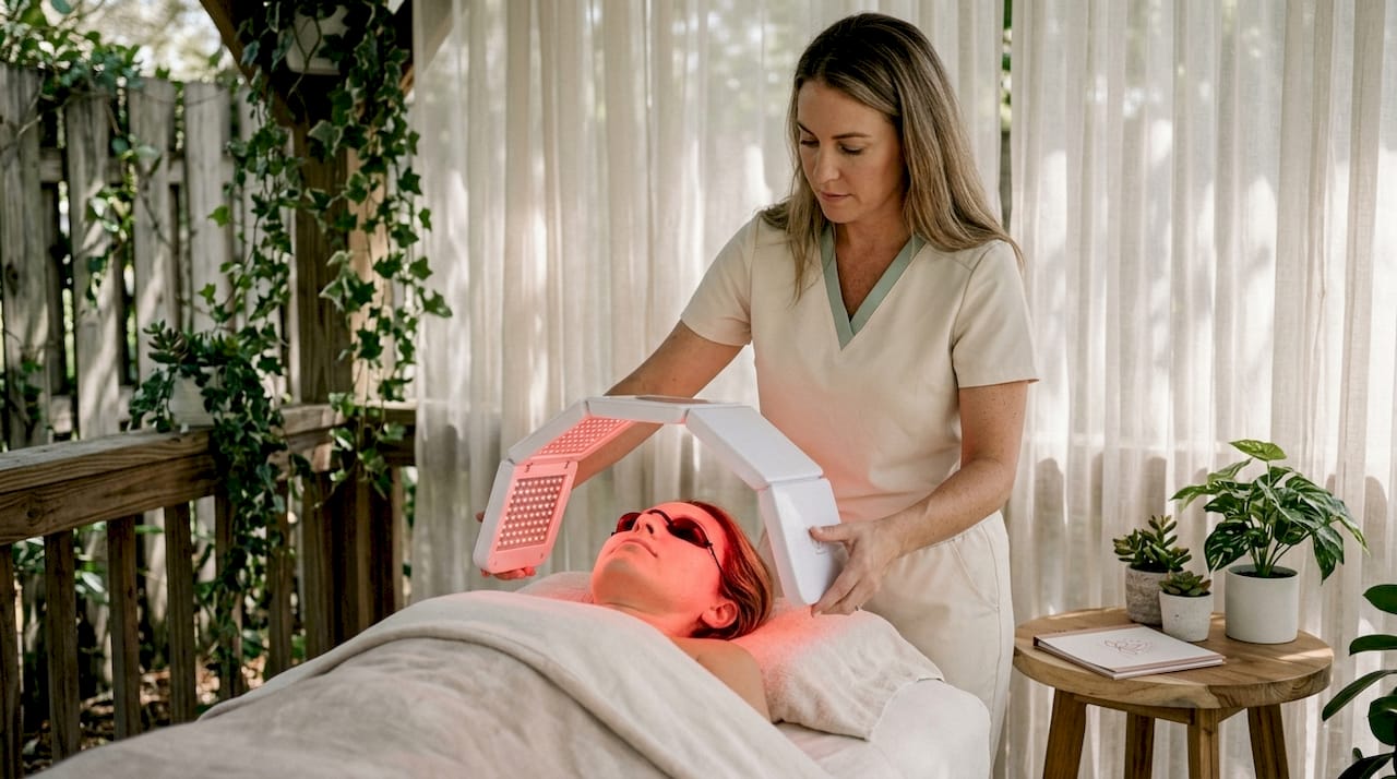 Esthetician applying LED facial treatment in spa