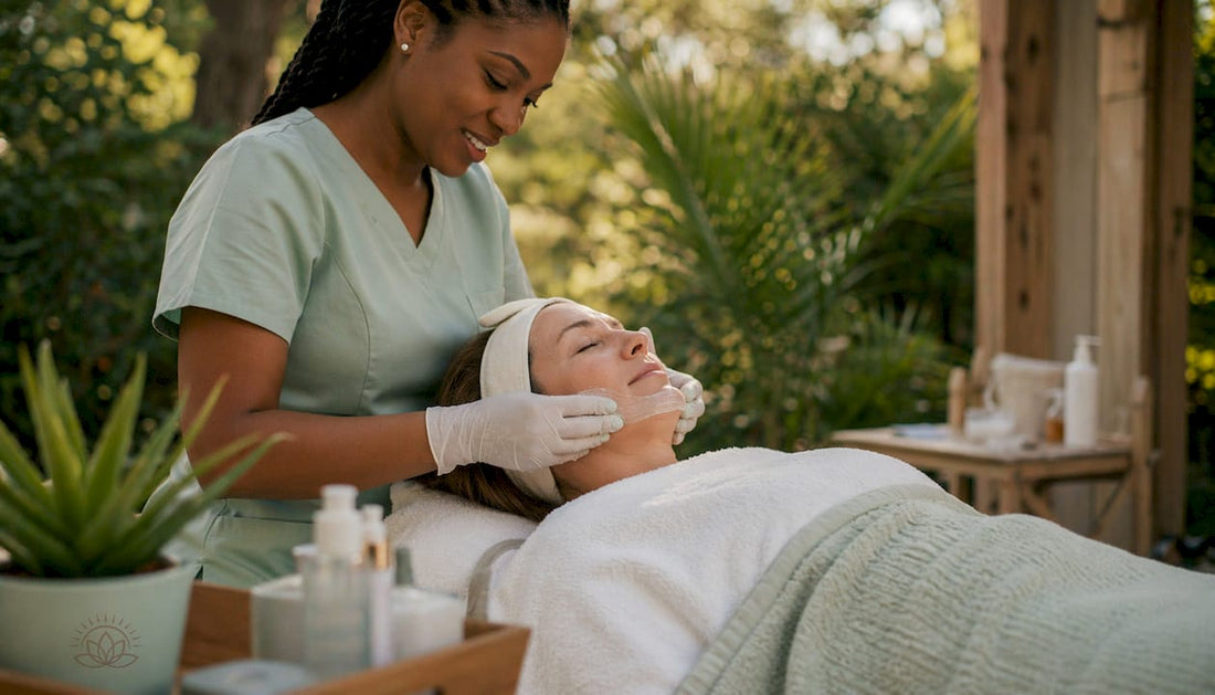 Esthetician applying a facial treatment to woman