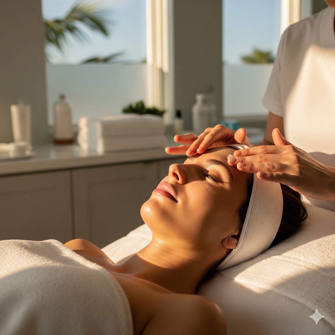 Relaxing professional back facial treatment in a sunlit private studio at Lumina Skin Sanctuary, Fort Myers FL