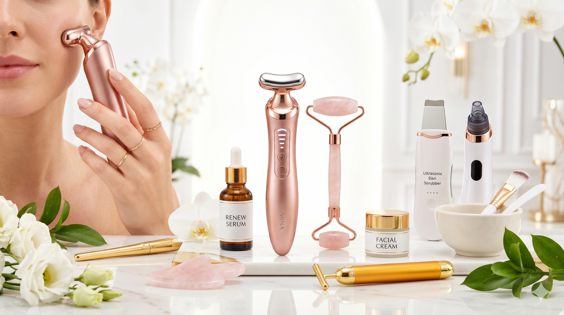 Assorted beauty and skincare products from the All Product collection including lip gloss, foundation, masks, and creams