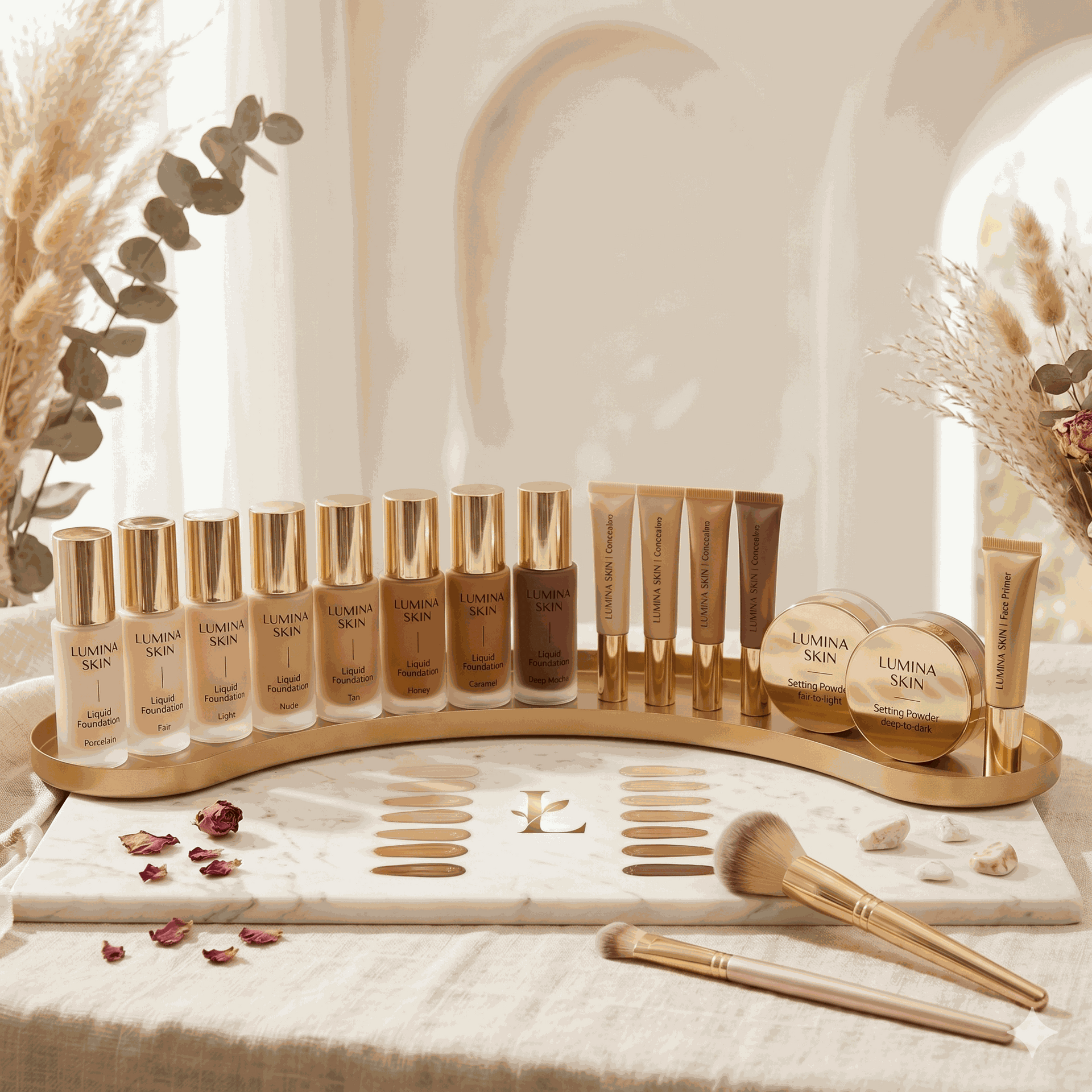 Lumina Skin Sanctuary makeup collection with gold-cap foundations, concealers, and setting powders on a marble display.