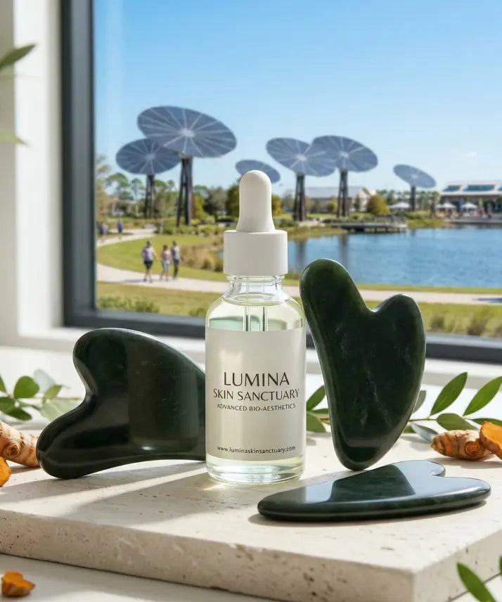 Best Sellers: Lumina Skin Sanctuary serum bottle with dropper beside dark green stones, by a window overlooking a lake.