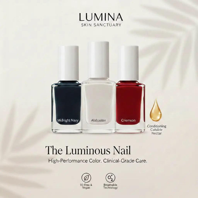 Nail Care collection featuring Midnight Navy, Alabaster, and Crimson polishes with Conditioning Cuticle Nectar.