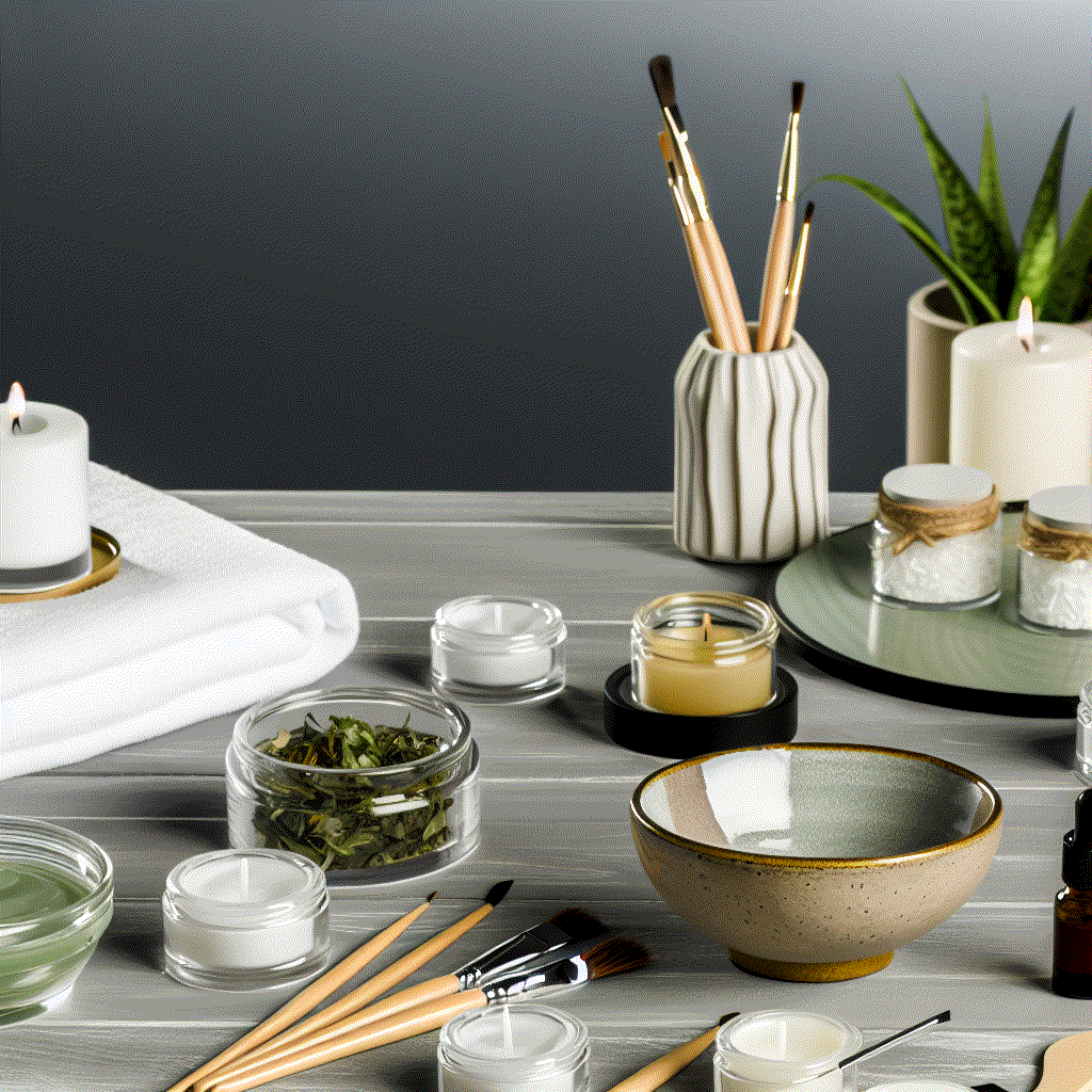 Spa service setup with brushes, candles, jars of oils and herbs, and a folded towel for premium Services.