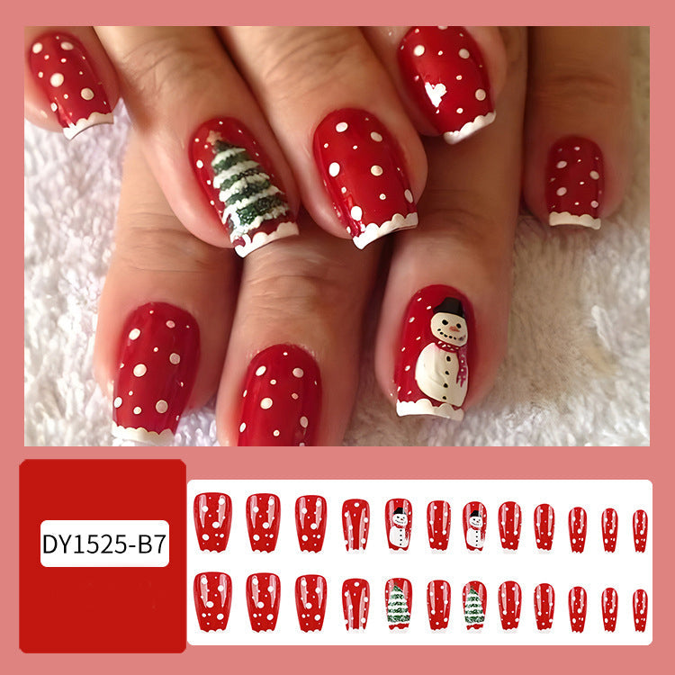 24-piece Christmas false nails set with hat-striped snowflake designs in festive colors