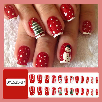 24-piece Christmas false nails set with hat-striped snowflake designs in festive colors