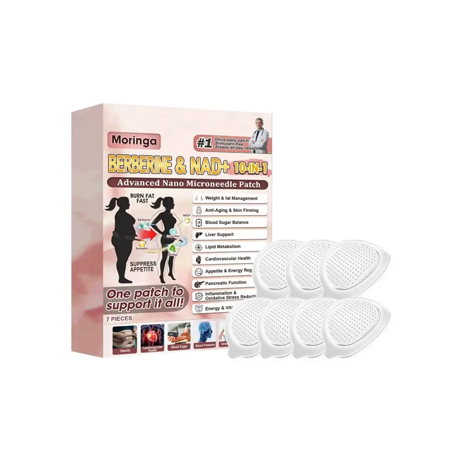 Moringa Nursing Patch packaging highlighting seven active skin-nourishing ingredients for hydration and vitality
