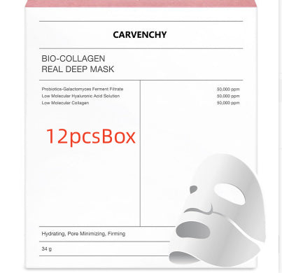 Deep Collagen Overnight Mask packaging with sheet mask and collagen fiber close-up for skin firming and hydration