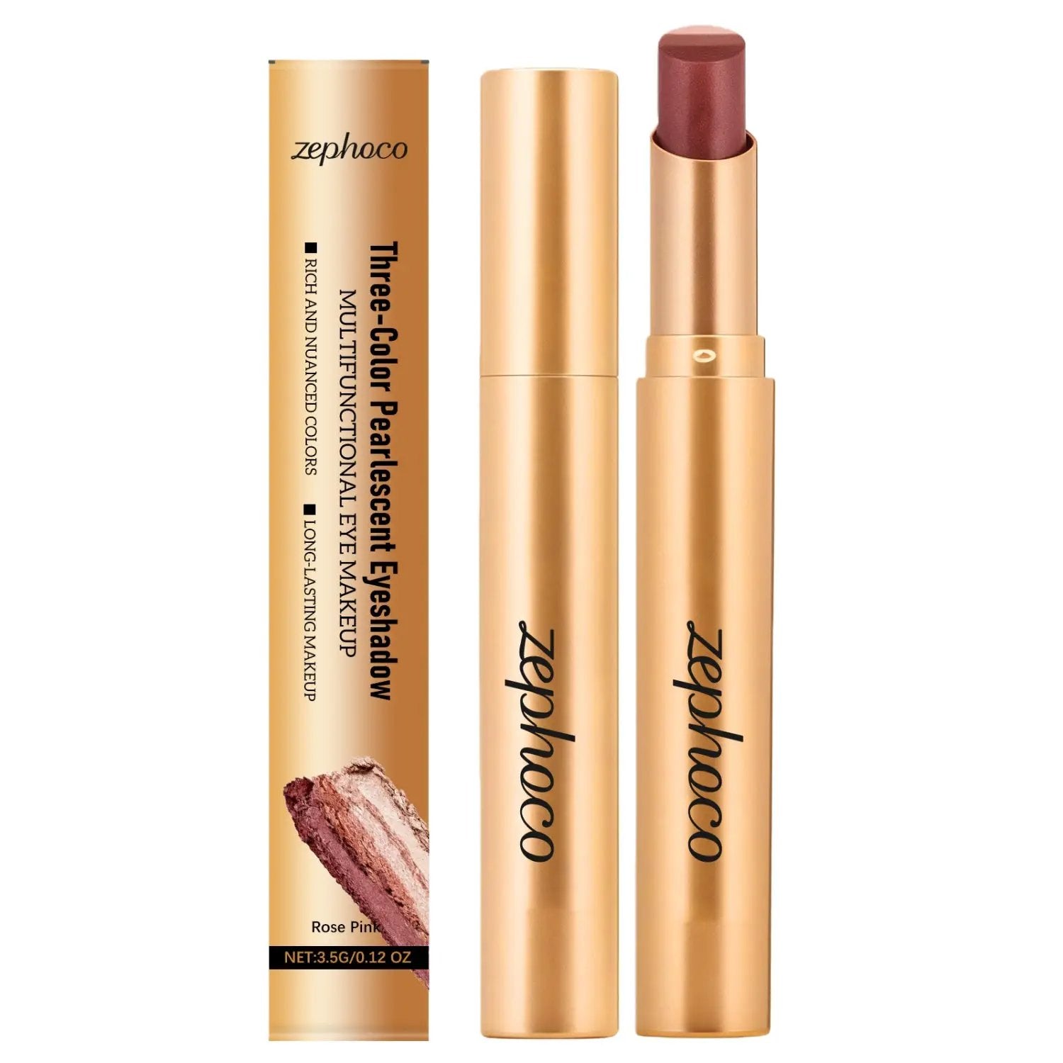 Colorful tricolor eye shadow stick with three shimmer earth tones in a portable pencil form