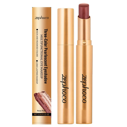 Colorful tricolor eye shadow stick with three shimmer earth tones in a portable pencil form