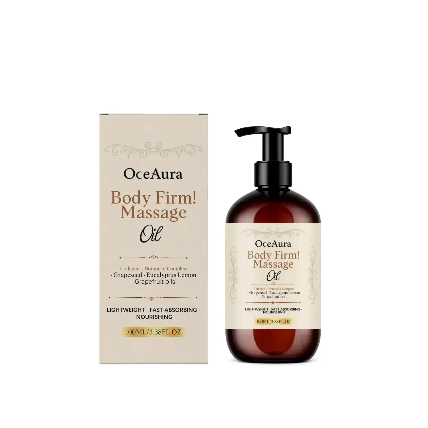 Hydrolyzed collagen firming massage oil bottle and packaging with grapeseed for nourishing skin