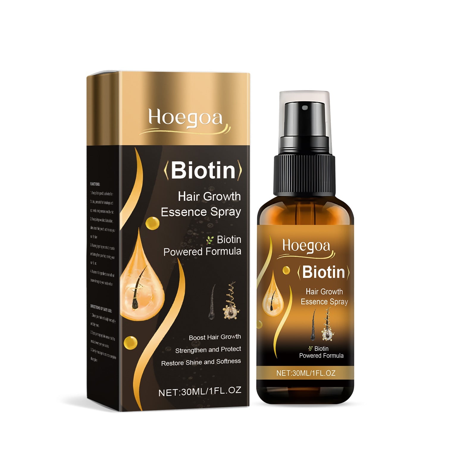 Hoegoa Biotin Hair Care Spray 30ml bottle with nourishing hair growth essence for all hair types and shine