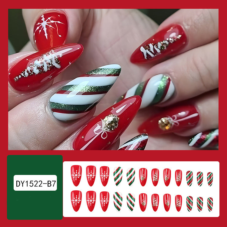 24pcs Christmas false nails set with hat-striped snowflake and festive designs in a single box