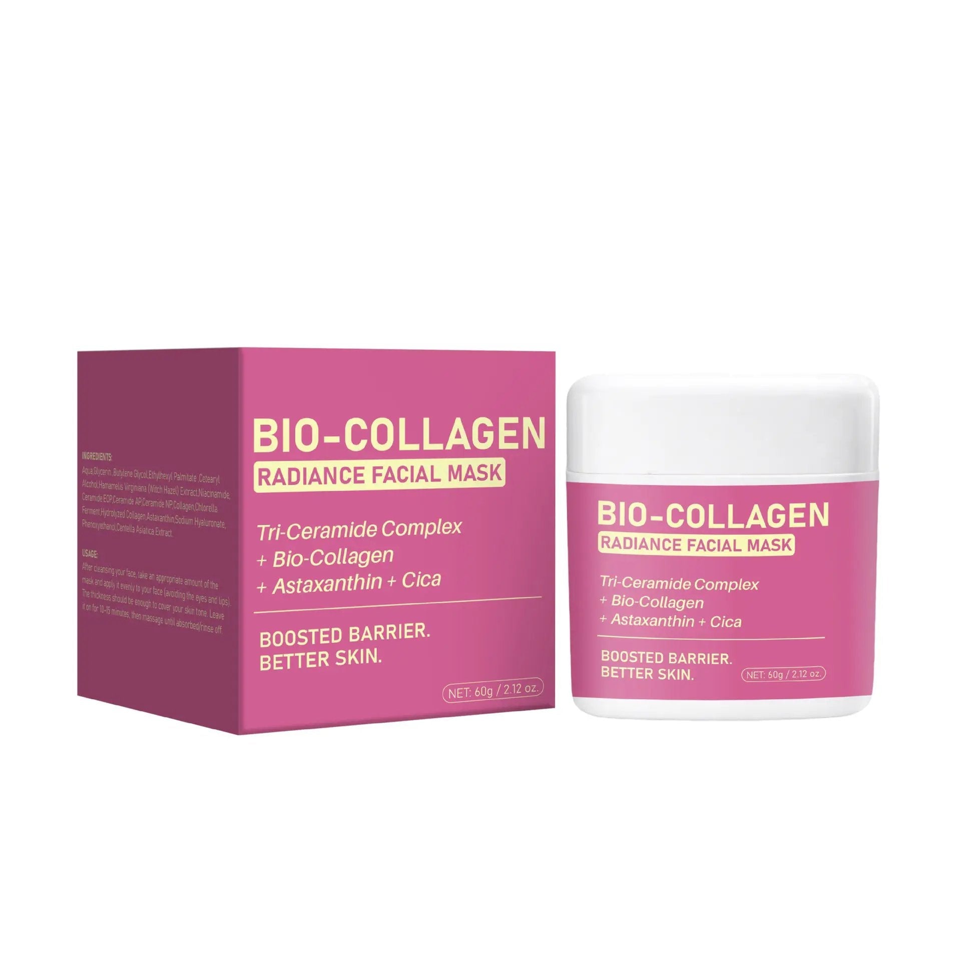 Bio Collagen Glow Mask 60g packaging and sheet mask for intense hydration and radiant skin