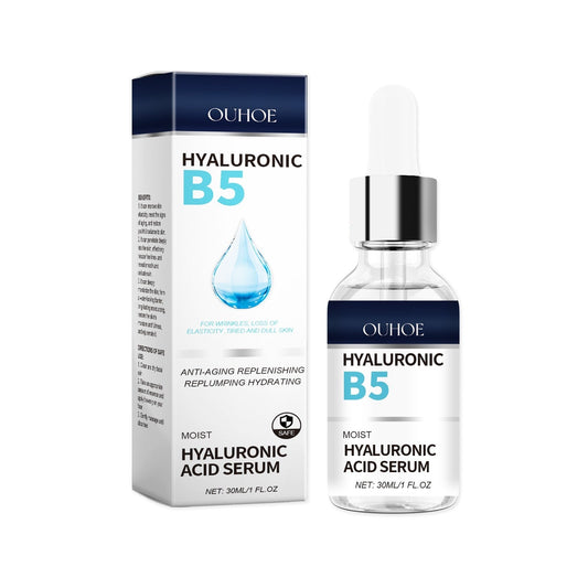 Moisturizing and rejuvenating facial skincare serum bottle with hyaluronic acid and vitamin E for daily hydration