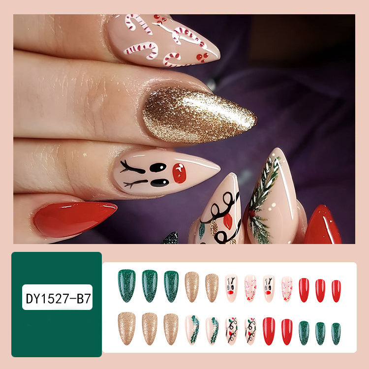 24-piece Christmas false nails set with hat-striped snowflake designs and festive motifs