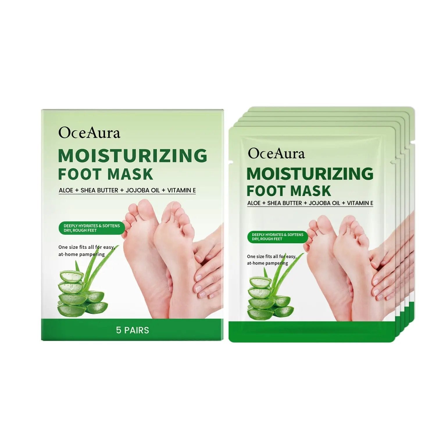 Five pairs of moisturizing foot masks with aloe vera for deep hydration and skin softening