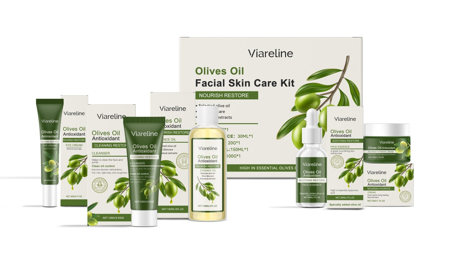 Five-piece hydrating olive oil facial skincare set with hyaluronic acid and niacinamide in compact bottles