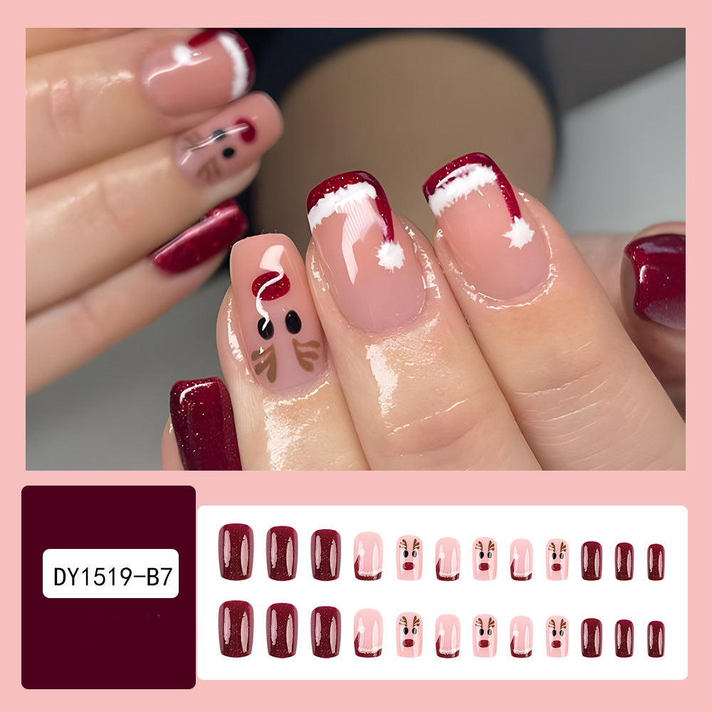 24pcs Christmas false nails set with hat-striped snowflake designs for festive holiday glam