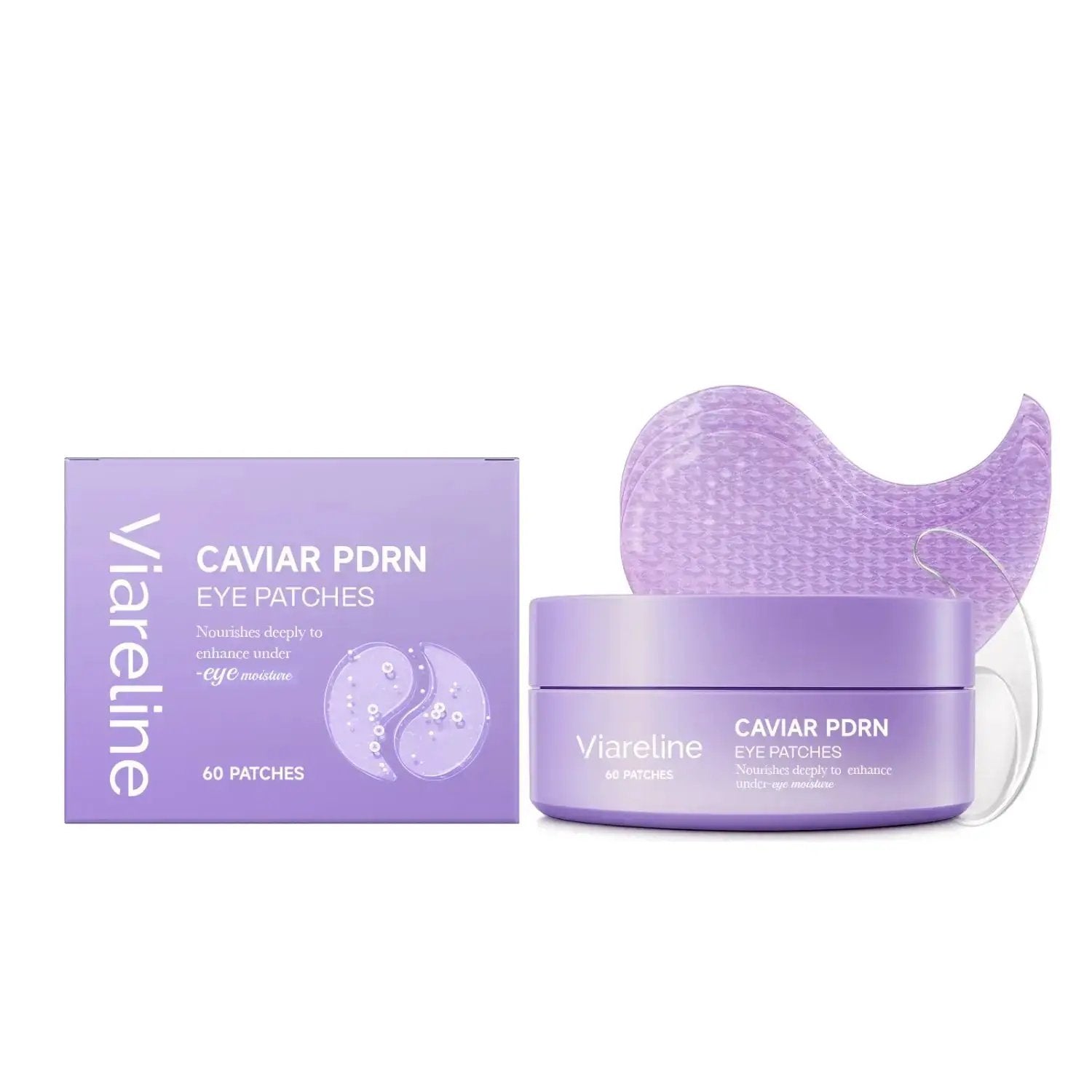 Brighten under-eye patches with caviar PDRN hydrating eye patches in packaging box and individual patch close-up