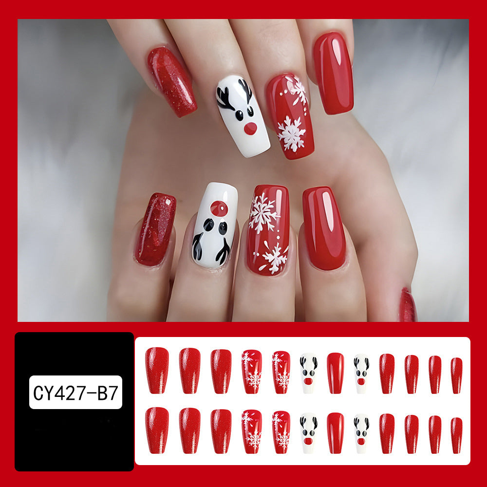24-piece Christmas false nails set with hat-striped snowflake design for festive holiday glam