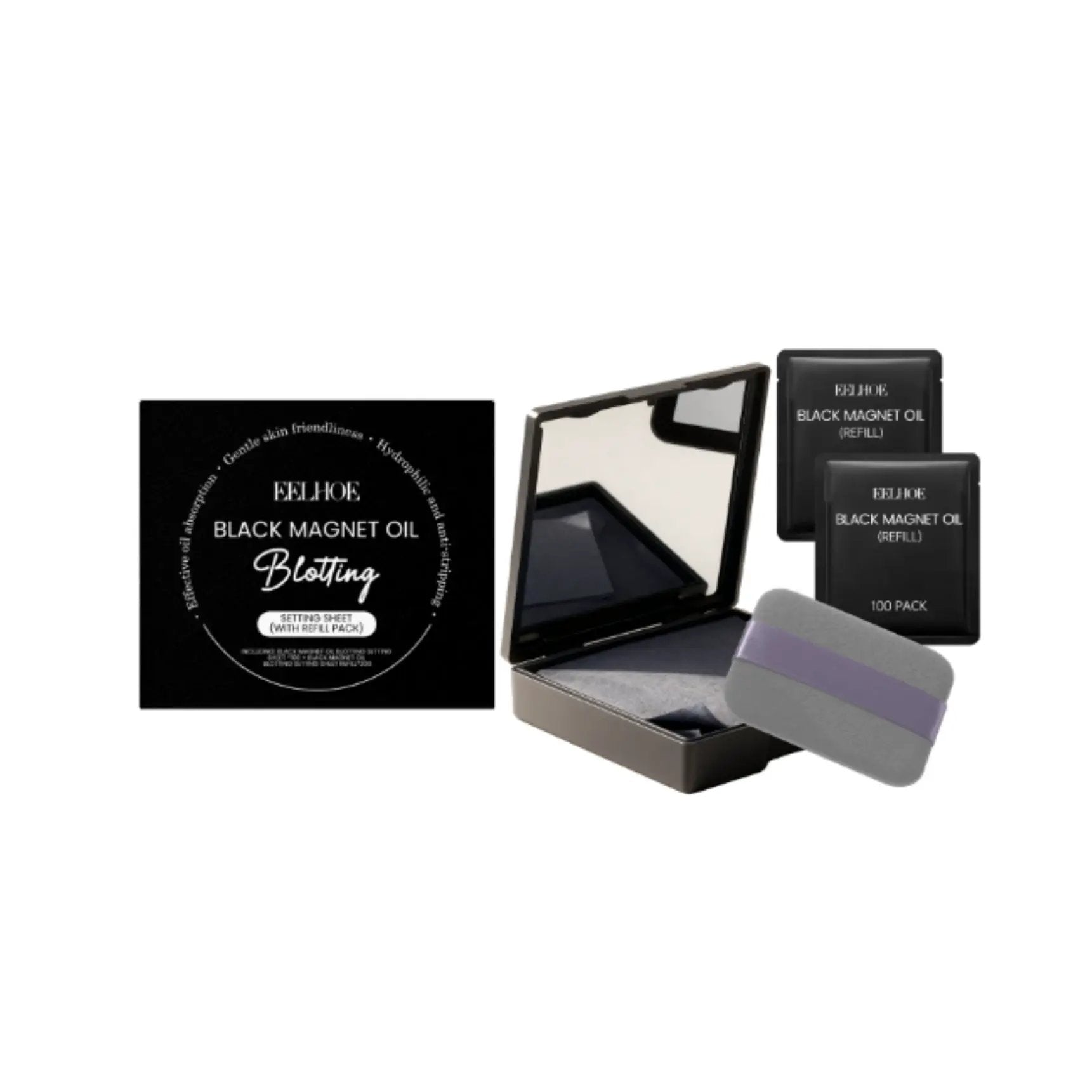Black Oil-absorbing Makeup Paper kit with 300 sheets and puff for matte finish and shine control