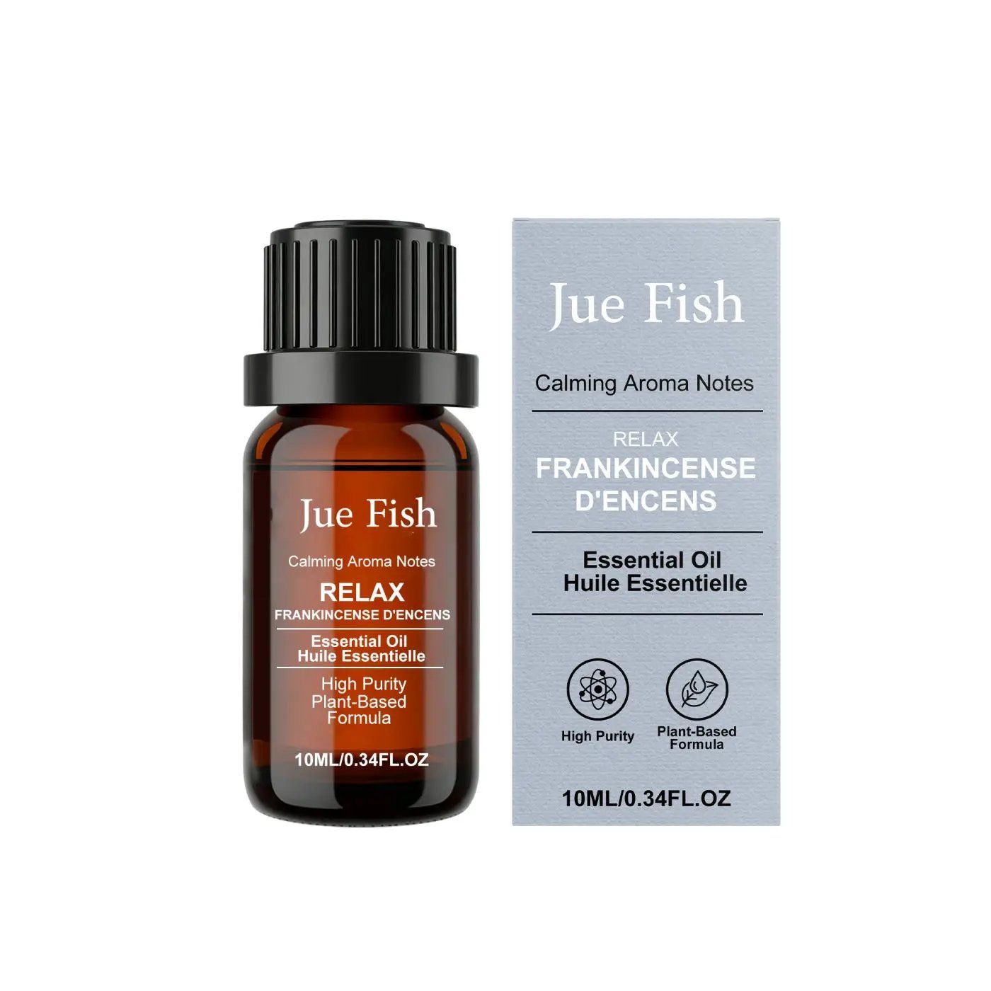 10ml bottle of Jue Fish Frankincense Aromatherapy Oil for diffuser and topical use, promoting relaxation and focus