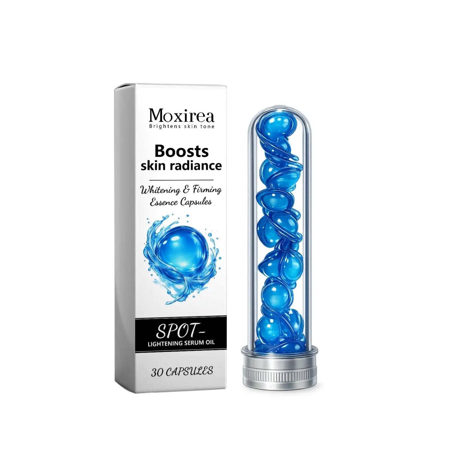 Bottle of Moxirea Whitening And Firming Capsules with retinol and hyaluronic acid for brighter, firmer skin