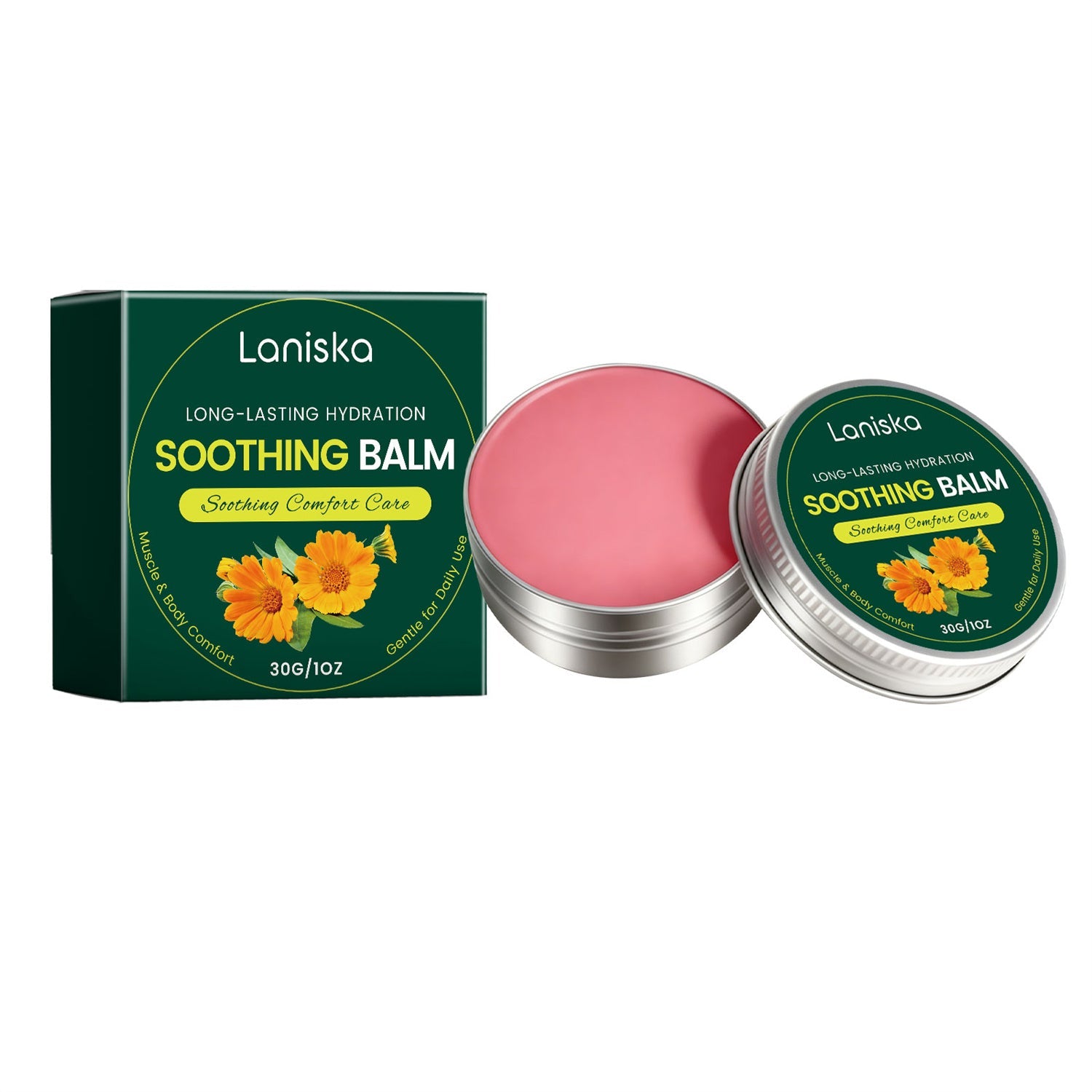 Soothing and moisturizing cream with calendula and vitamin E for dry sensitive skin, 30g tube packaging and texture close-up