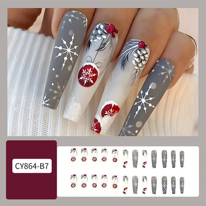 24-piece Christmas false nails set with hat-striped snowflake designs and festive motifs