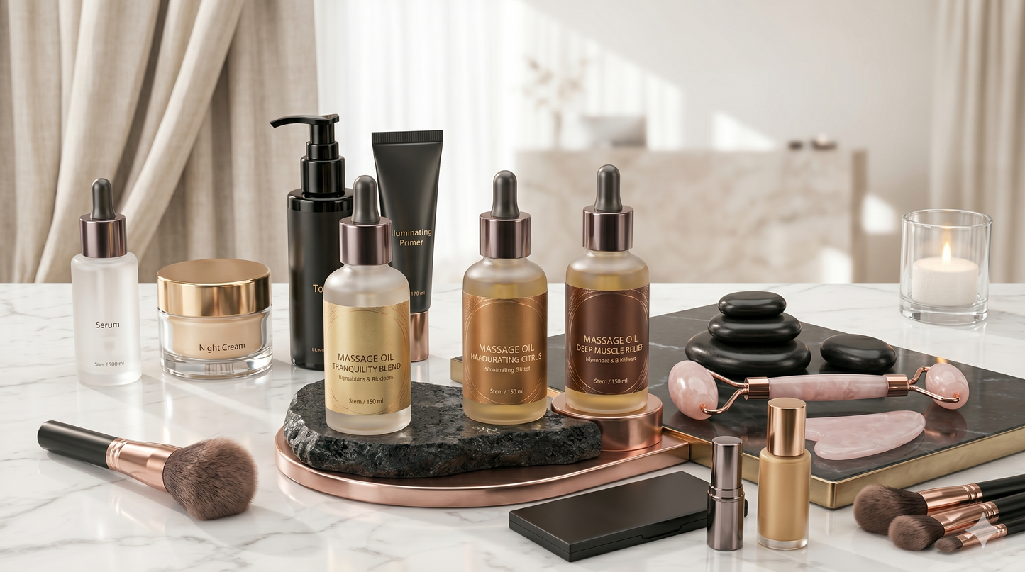Warm lipid-replenishing massage oils and skincare products for the Silk & Glow Body Polish at Lumina Skin Sanctuary, Fort Myers, FL
