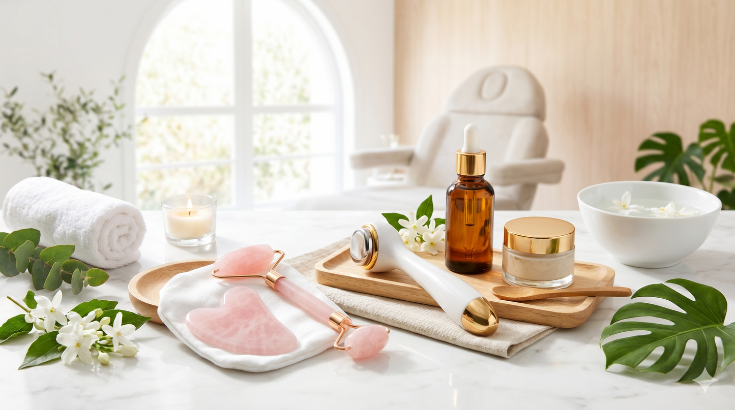 Relaxing spa setting with rose quartz tools and botanical skincare for the Silk & Glow Body Polish at Lumina Skin Sanctuary, Fort Myers, FL