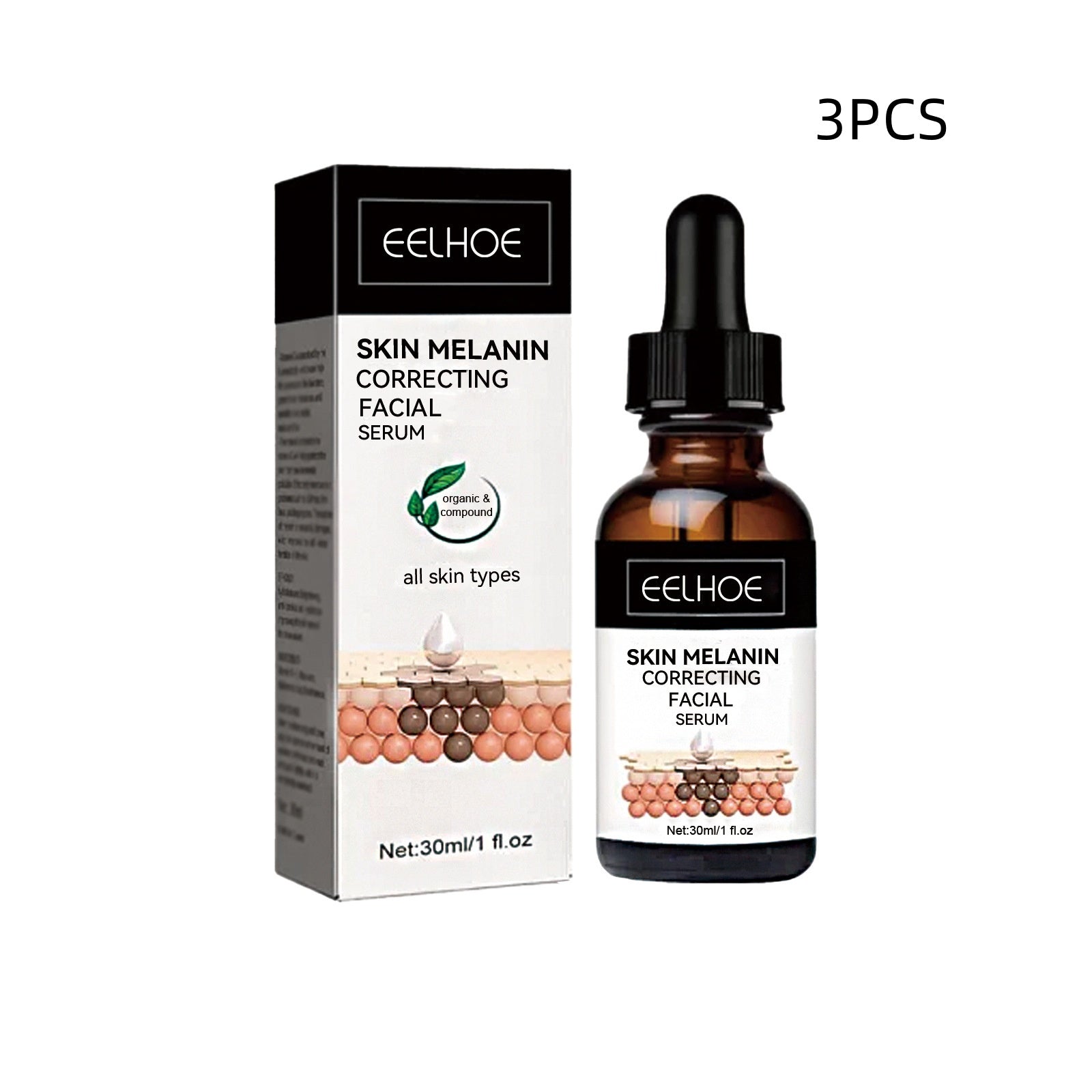 Three 30ml bottles of Facial Melanin Repair Hydrating Serum with retinol, vitamin C, and niacinamide for all skin types