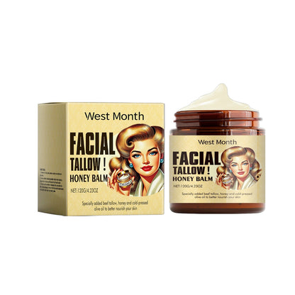 Facial Tallow Honey Balm in compact jar with natural moisturizing ingredients for deep hydration and skin nourishment