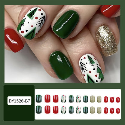 24pcs Christmas false nails set with hat-striped snowflake designs and festive motifs