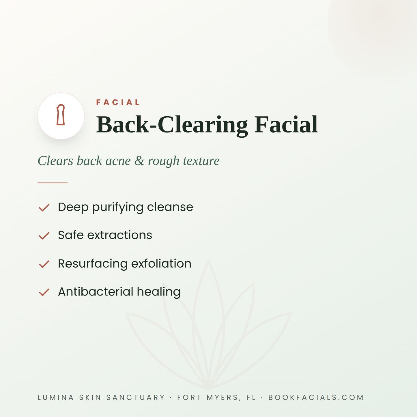 Back-Clearing Facial infographic — Lumina Skin Sanctuary, Fort Myers, FL
