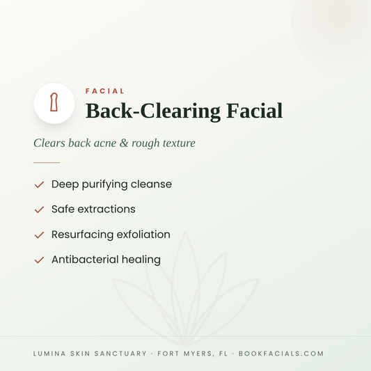 Back-Clearing Facial infographic — Lumina Skin Sanctuary, Fort Myers, FL