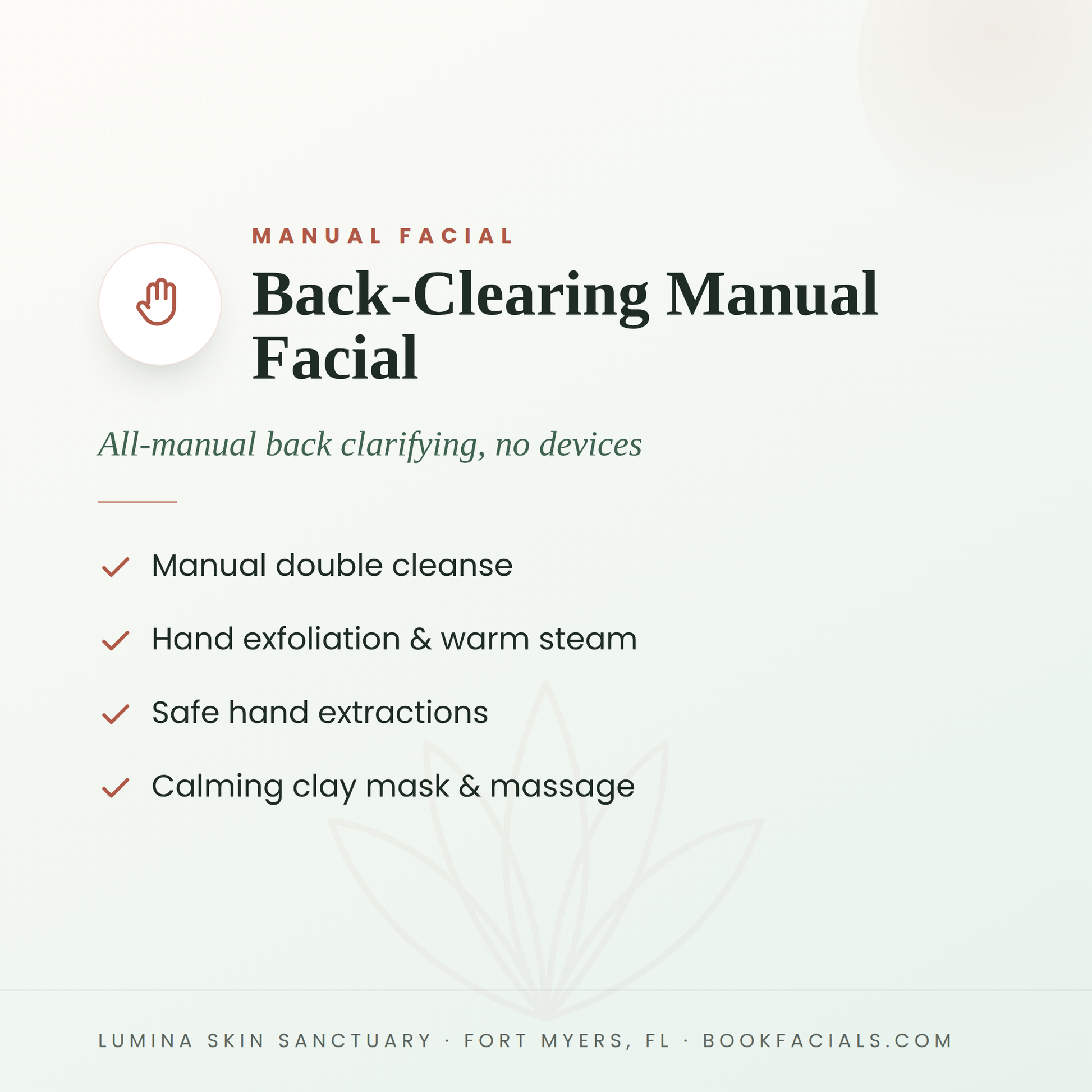 Back-Clearing Manual Facial infographic — Lumina Skin Sanctuary, Fort Myers, FL