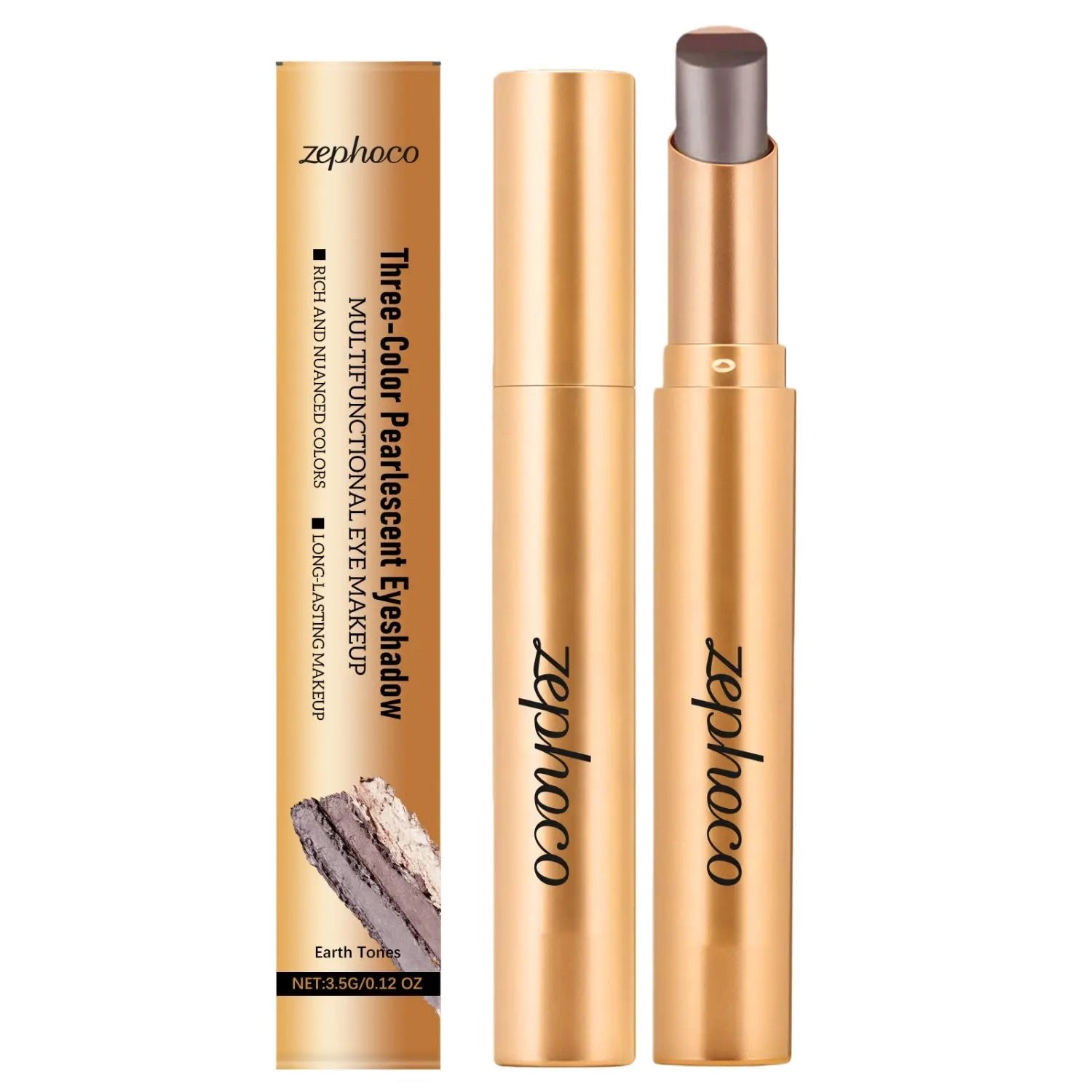 Colorful tricolor eye shadow stick with three shimmer earth tones and mineral formula