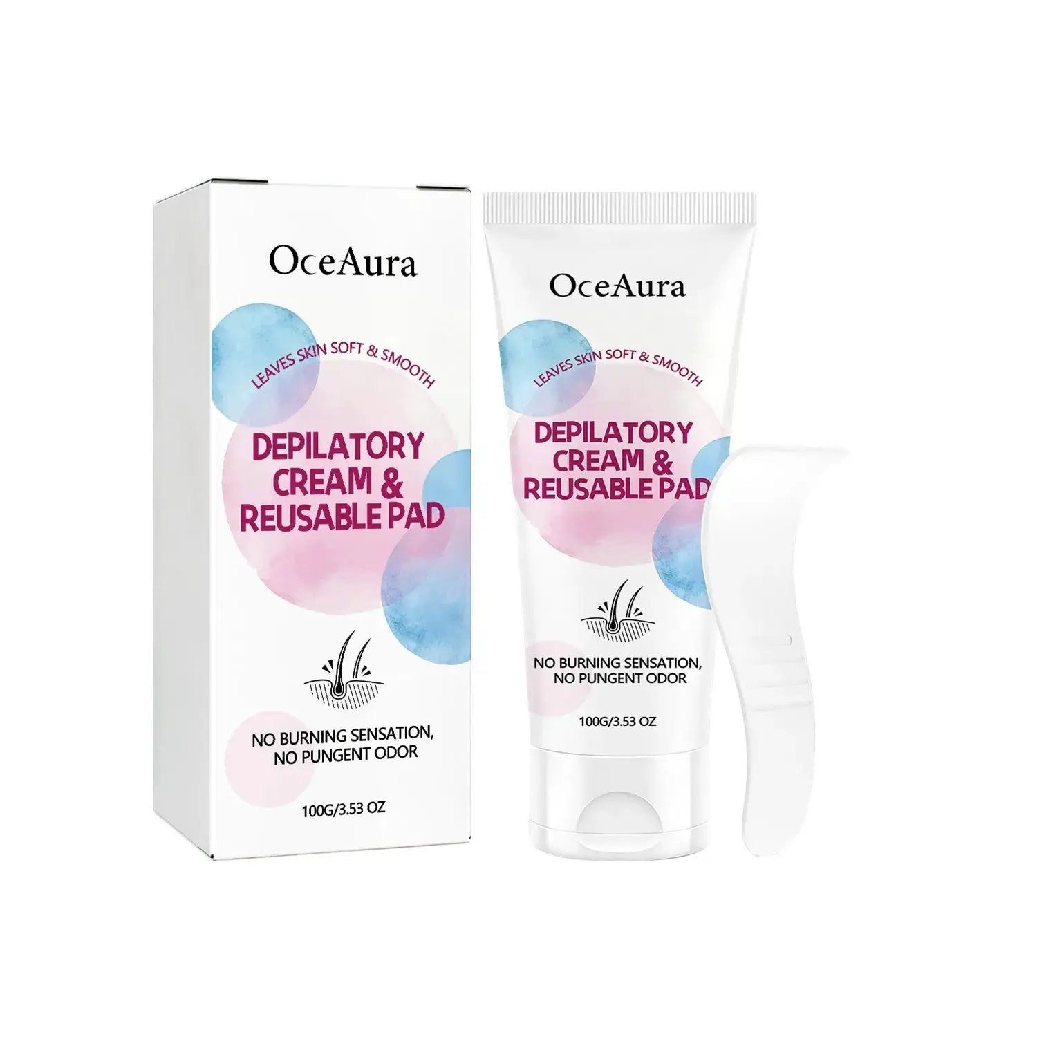 Gentle depilatory cream with calcium thioacetate and reusable pad for sensitive skin hair removal