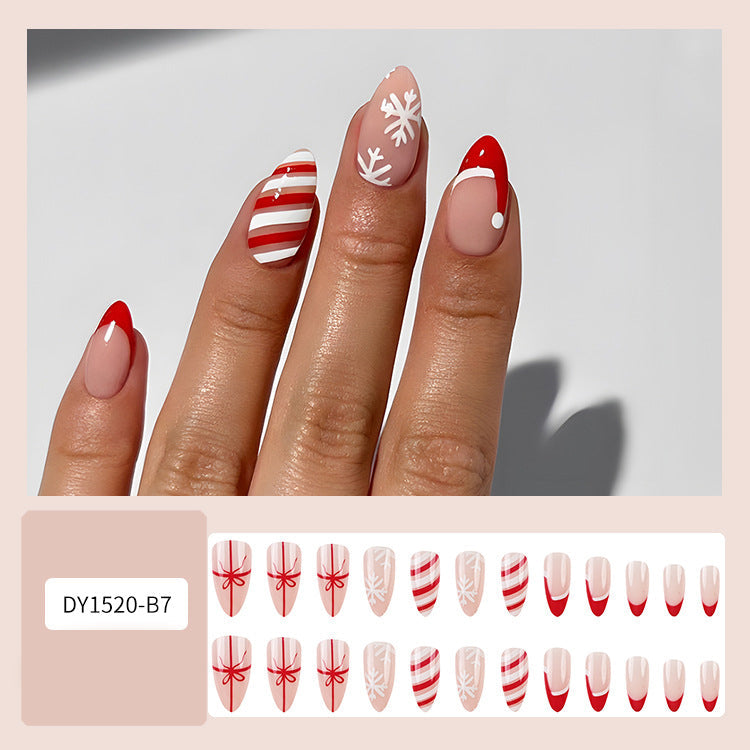 24pcs Christmas false nails set with hat-striped snowflake designs in festive colors