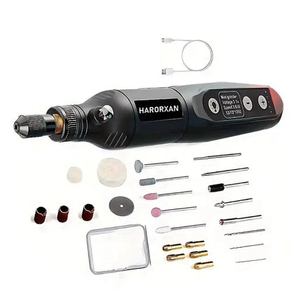 Palm-size five-speed electric nail drill with ergonomic grip and accessory kit for natural nail shaping and polishing