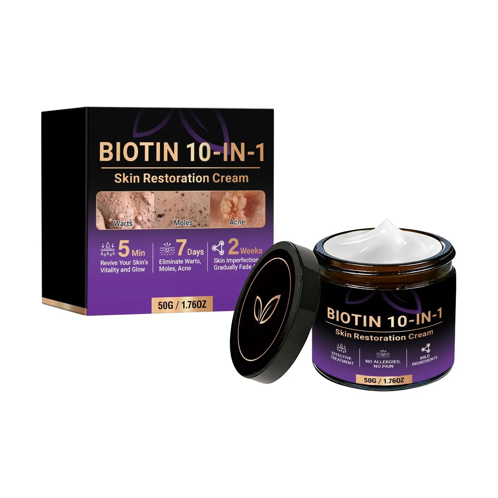 Skin Restoration Cream tube and box packaging for hydrating and brightening mature skin with vitamin C, retinol, and adenosine